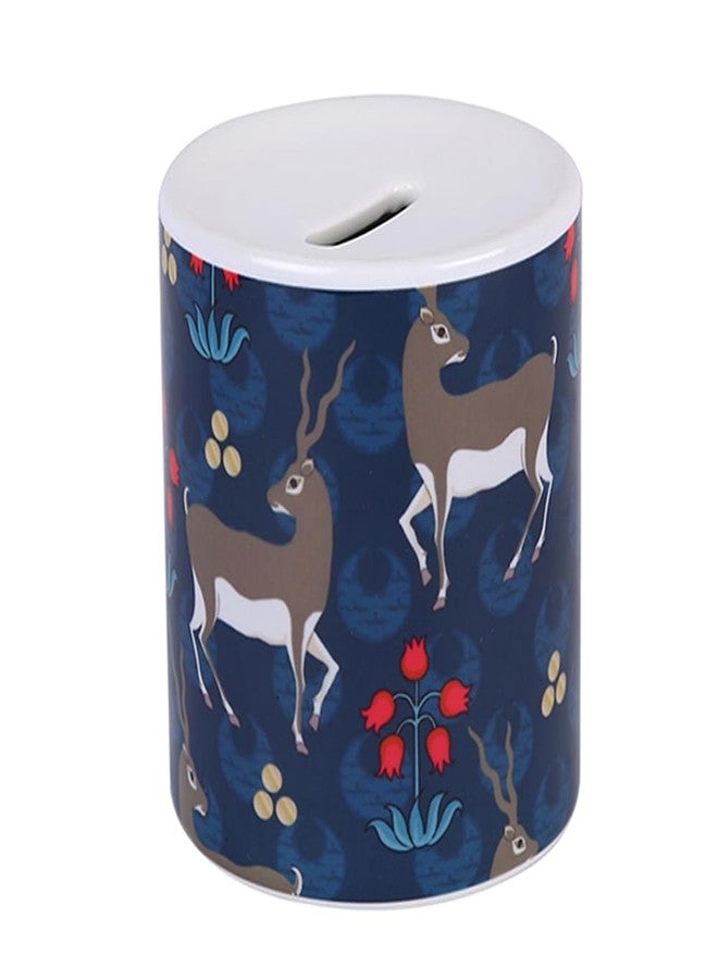 PentaDeco Dark Blue Floral Ceramic Money Box | 4-Inch Aesthetic Piggy Bank | Premium Home Decor Coin Bank for Kids & Adults - Image 4